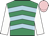 Emerald green, light blue chevrons, white sleeves, pink cap