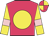 Fuchsia, yellow disc, pink armlets on yellow sleeves, fuchsia and yellow quartered cap