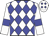 White, blue diamonds, blue bars on white sleeves