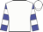White, white hoops on blue sleeves, white cap