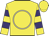 Yellow, white circle, purple hoops on yellow sleeves