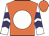 Orange, white ball, purple chevrons on white sleeves