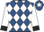 Royal blue and white diamonds, black cuffs on white sleeves, white star on royal blue cap