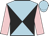 Light blue and black diagonal quarters, pink sleeves, black ball on light blue cap