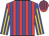 red, blue stripes, blue and gold stripes on sleeves,