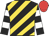 Red, black and gold diagonal stripes on front, white hoops on sleeves, red cap