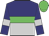 Navy blue & silver halved horizontally, lime hoop, silver armlets on navy sleeves, lime cap