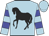 Light blue, black horse, blue hoops on sleeves
