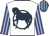 White, dark blue circle, dark blue horse, blue and light blue stripes on sleeves and cap