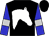 Black, white horses head, blue and silver bars on sleeves, black cap