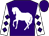 Purple, white horse, purple diamonds on white sleeves, purple cap