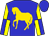 Blue, gold horse, yellow and blue quartered sleeves