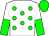 White, green dots, white and green halved sleeves, green cap