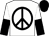 White, black peace sign, white and black halved sleeves, black cap