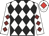 White and black diamonds, white sleeves, maroon diamonds, white cap, red diamond