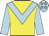 Yellow body, light blue chevron, light blue arms, light blue cap, yellow stars