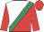 white and red halved diagonally, emerald green sash, red sleeves, red cap