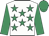 white, emerald green stars, emerald green sleeves and cap