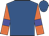 Royal blue, orange circled 'r', blue bars on orange sleeves