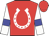 Red, white horseshoe, blue bars on white sleeves, red cap