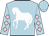 Light blue, white horse, pink diamonds on sleeves