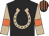 Black, tan  horseshoe, tan and orange bars on sleeves, orange stripes on black cap