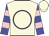 Cream, purple circle, blue and pink hoops on purple sleeves, cream cap