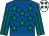 Royal blue, emerald green stars, striped sleeves, white cap, emerald green stars