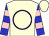 Cream, purple circle, blue and pink hoops on purple sleeves, cream cap