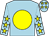 light blue, yellow disc, yellow stars on sleeves and cap
