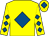 Yellow, royal blue diamond, diamonds on sleeves, yellow cap, royal blue diamond