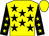 Yellow, black stars, black sleeves, yellow stars, yellow cap