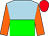 light blue and green halved horizontally, orange sleeves, red cap