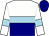 white and navy halved horizontally,light blue hoop, white sleeves, light blue armlet, navy cap