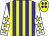 blue and yellow stripes, yellow stars on white sleeves, blue spots on yellow cap