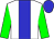 white, blue stripe, green sleeves, blue cap