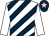 white, dark blue diagonal stripes, white sleeves, dark blue cap, pink star