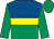 royal blue and emerald green halved horizontally, yellow hoop, emerald green sleeves, emerald green cap