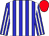 blue and white stripes, red cap