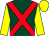 dark green, red crossbelts, yellow sleeves and cap