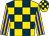 Gold, midnight blue blocks, blue stripes on sleeves