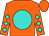 Orange, turquoise ball, turquoise diamonds on sleeves, orange cap