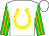 White, gold horseshoe, gold stripes on green sleeves