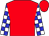 Red, blue and white blocks on sleeves, red cap