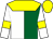 White and kelly green halves, yellow yoke, yellow bars on white sleeves, yellow cap