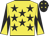 Yellow, black stars, black and yellow diabolo on sleeves, black cap, yellow stars