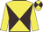 Yellow, brown diagonal quarters, brown band on yellow sleeves