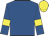 Royal blue, white circled yellow 'rr', yellow bars on sleeves, yellow cap