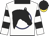White, blue circle, black horses head, black hoops on sleeves, black collar and cap, gold visor