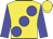 Yellow, large blue spots, blue sleeves, yellow cap